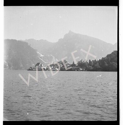 1940s Era Germany Photo Negative Lake Landscape Homes Trees Mountains