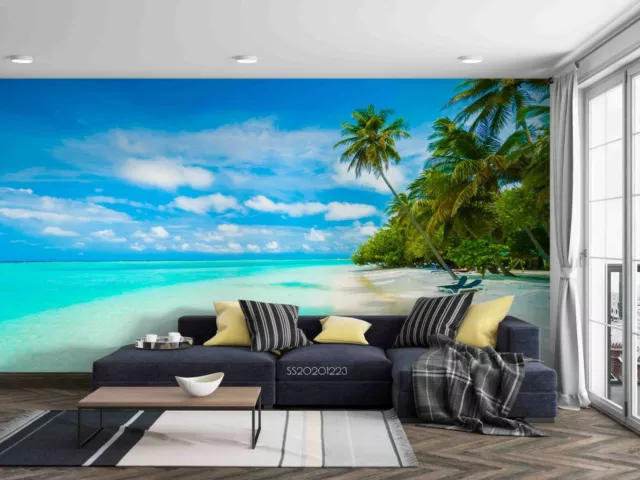 3D Ocean Beach Palm Tree Wallpaper Wall Mural Removable Self-adhesive 77