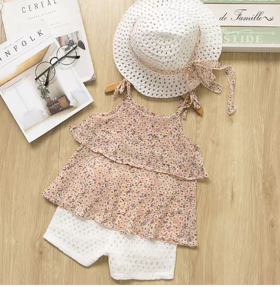 Sommer Kleidung  Kinder Baby Mädchen Outfit Top Shorts Hut Set Outfits