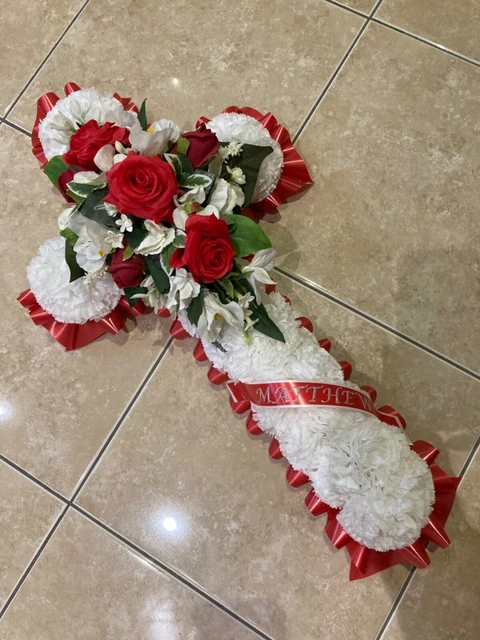24”Artificial silk cross funeral or memorial for grave free name on ribbon &card