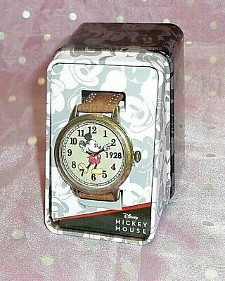 Nib, "Disney Mickey Mouse Wristwatch 1928 Brown Double Stitch Leather Band"