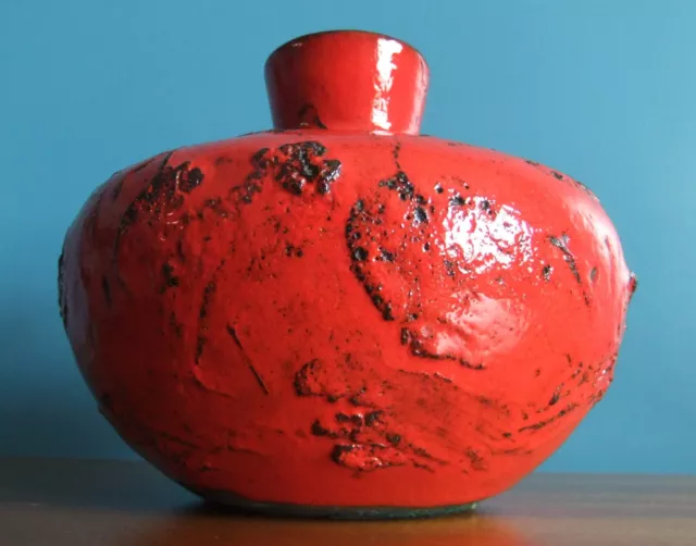 BRIGHT Red & black Vintage West German Fat Lava Pottery Vase 635