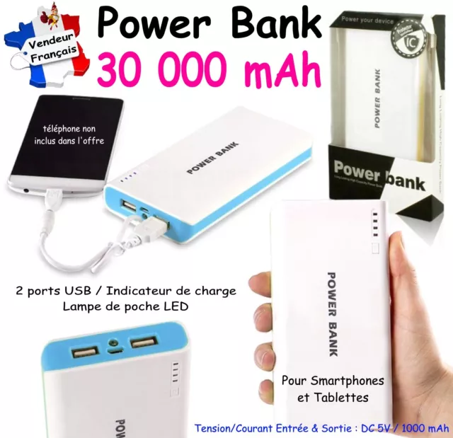 Power Bank 30000 mAh - Coloris BLANC BLEU : 2x USB / Led / Indicateur de charge