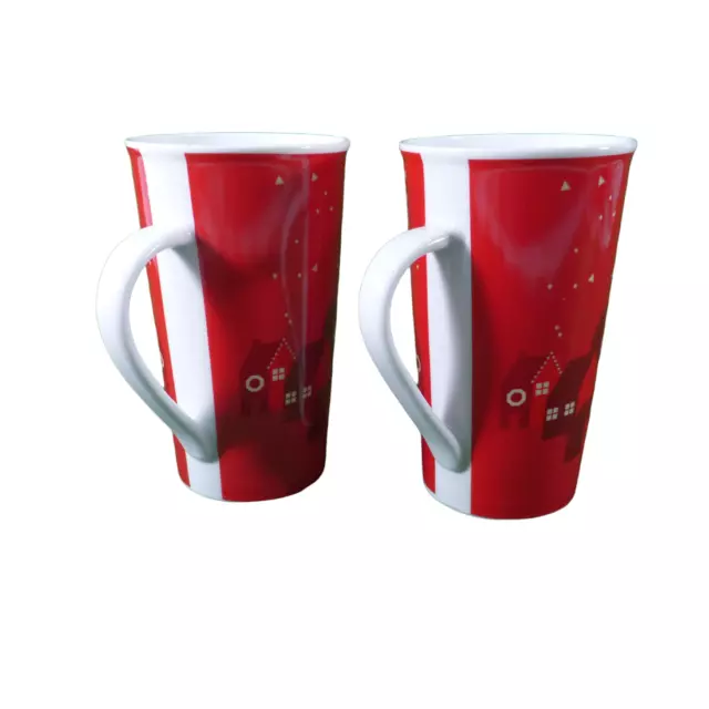 Starbucks Christmas Mugs Cottages at Night in Winter 2013 6" Tall 16 oz. Red (2) 2