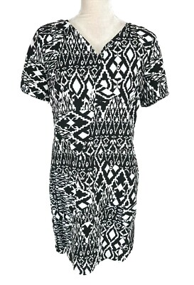 AA STUDIO Black White Floral Sheath Mini Dress V-Neck Short Sleeve Women Size 10