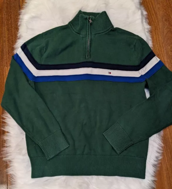 TOMMY HILFIGER BOYS youth sweater mock turtleneck 1/4 zip green blue ...