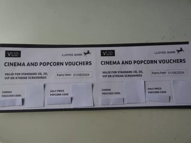 2 x Vue Cinema Tickets and 2 x Half Price popcorn - Expiry 1 June 2024