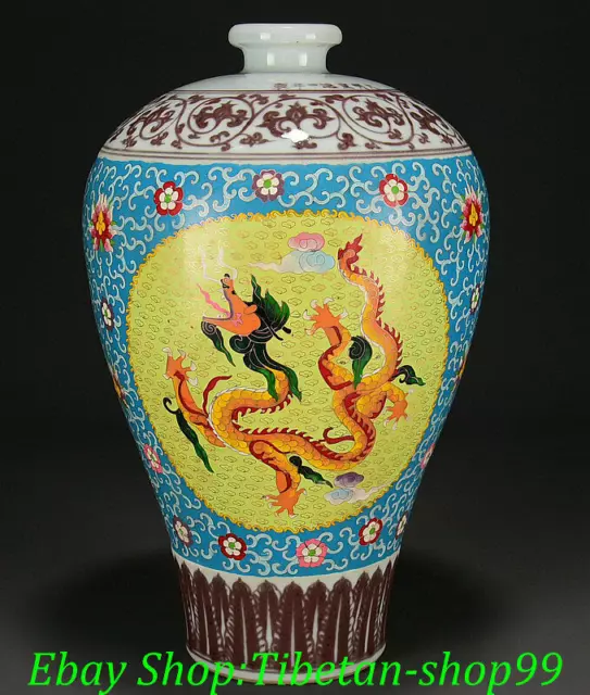 18" DaMing Xuande Marked Colour Enamel Porcelain Dragon Phoenix Zun Vase Bottle
