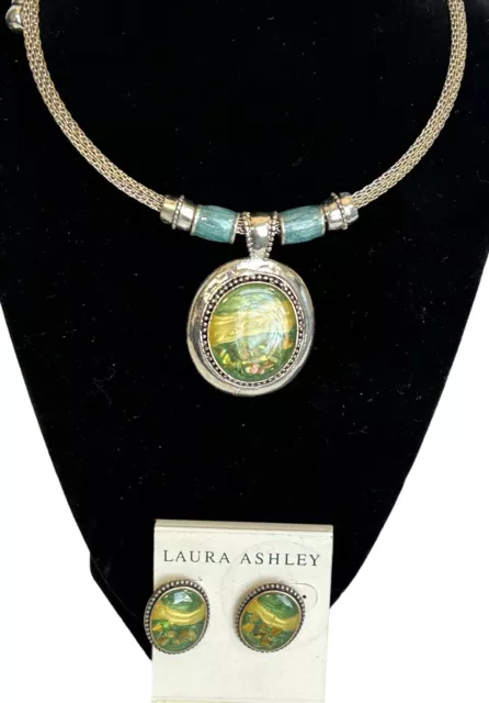 Laura Ashley Choker Necklace & Pierced Earring Set Turquoise & Silver Ocean Sky