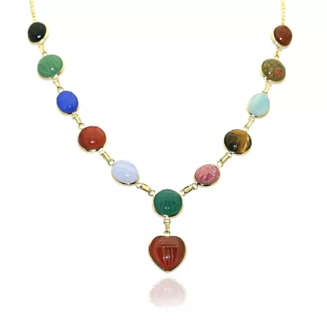 14K Yellow Gold Multi-Shaped Scarab Gemstone Necklace 18 Inches