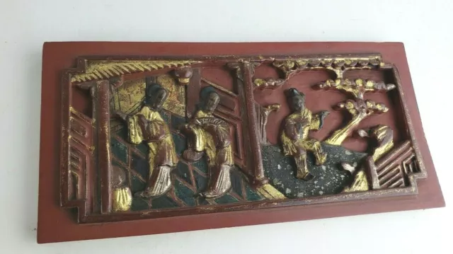 Great old chinese carved wood gilted panel