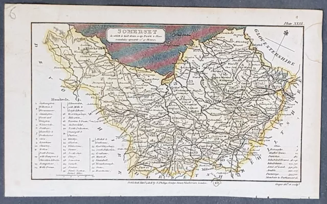 1808 Richard Phillips Antique Map of English county of Somerset, England