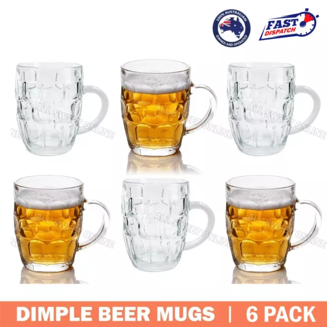 6 x Beer Mug 560ml Jug Glass With Handle Dimple Print Party Bar Glasses Drink AU