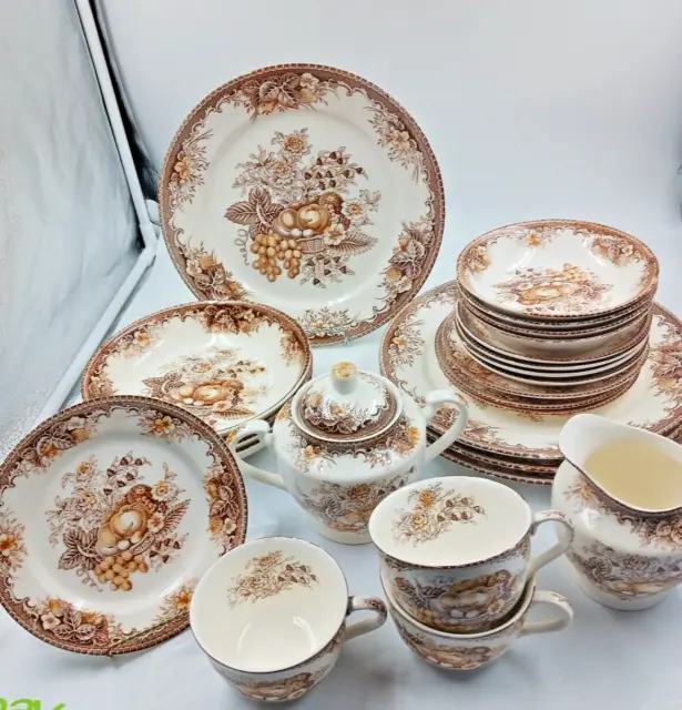 Vintage "Gold Fruit" Dinnerware ~ 36 Pieces ~ Unmarked ~ Brown and Tan Fruit 2