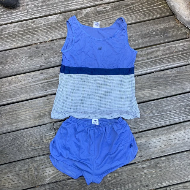 Vtg Vintage Womens Running Outfit Track Suit New Balance 80s Blue Nylon Singlet