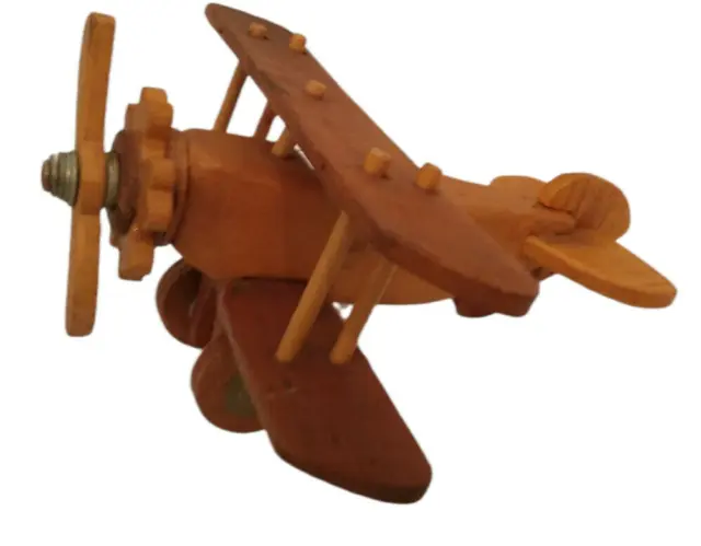 Airplane Handmade Wooden Propeller Bi Plane Vintage 9 3/4" Long 10" Wide 5" High