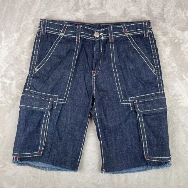 True Religion Shorts Men 36 (Act 38) Blue Denim Cargo Cutoff  Big T Flap Pockets