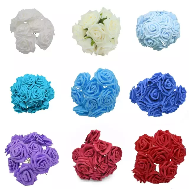 60pcs 8cm Artificial Flowers with Stems Foam Rose Fake Bride Bouquet Wedding Set