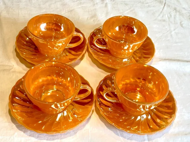 Vintage Anchor Hocking Orange / Peach Leaf Coffee Cup and Saucers