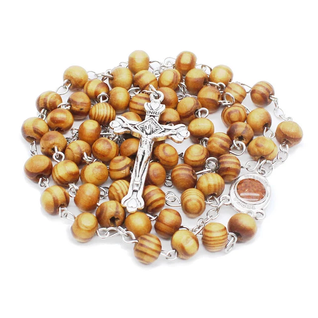 Pine Wood Beads Rosary Chain Jesus Crucifix Cross Catholic Pendant Necklace