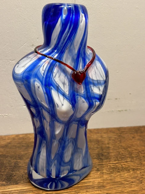 SEXY Vtg Murano Bianconi ? Stripe Torso Art Glass Vase Heart Necklace 9.5”