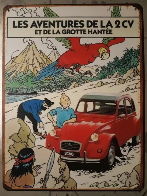 Plaque métal vintage Tintin Citroën 2cv rouge
