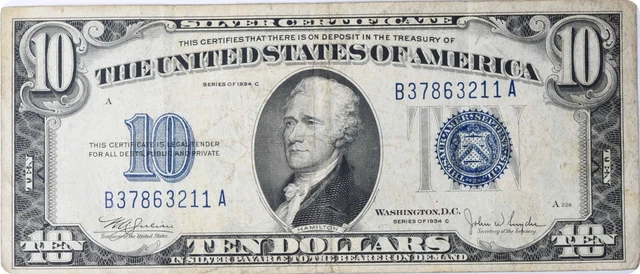 1934C $10 Silver Certificate FR1704 VF Uncertified