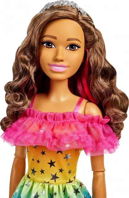 Barbie Large 28" Tall Doll 2023 Brown Hair Rainbow Dress Styling Accessories