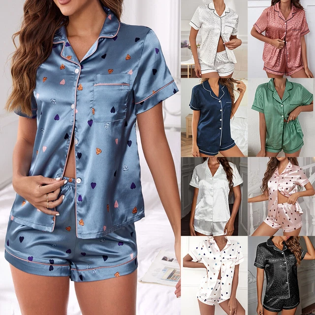 Women Turn Down Collar Short Sleeve Shirts Leopard Printed Shorts 2PCS Sleepwear