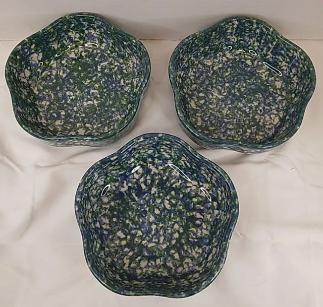 3 Roseville Workshops Of Gerald E Henn Petal Bowls 6 1/2"  Blue Green Spongeware