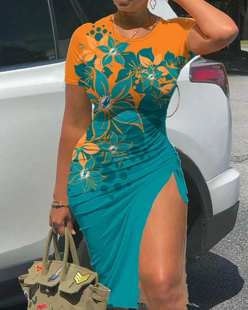 Miami Dolphins Women's High Slit Dress Bodycon Slide Split Dress Tunic T-Shirts