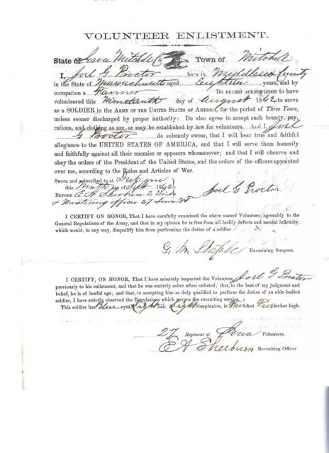 Civil War Enlistment document Pvt Joel Proctor  27th Iowa Volunteer Infantry