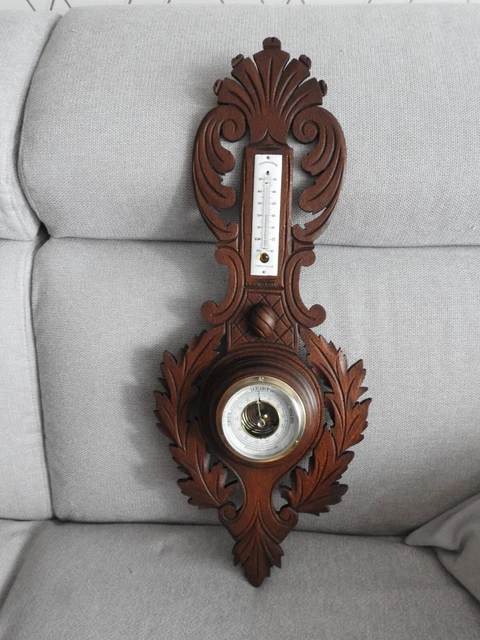BAROMETRE ANEROIDE EN BOIS SCULPTE ANCIEN THERMOMETRE CENTIGRADE ...