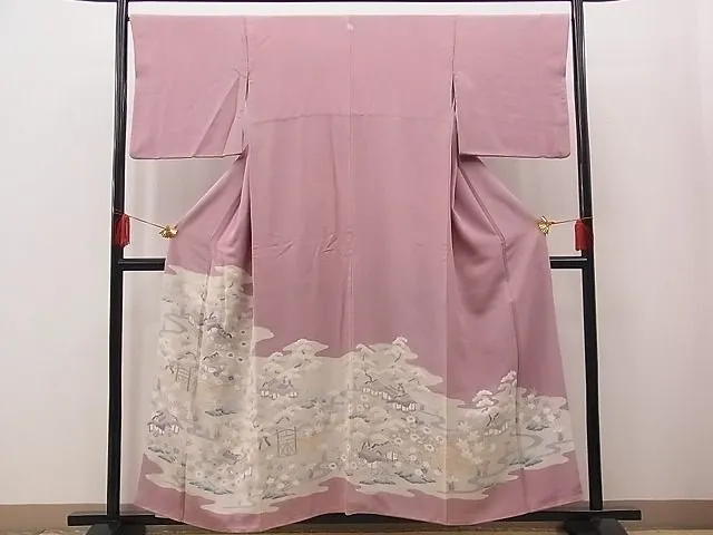 Iro Tomesode Montsuki Kimono   Embroidery Imperial Palace Flower Pat