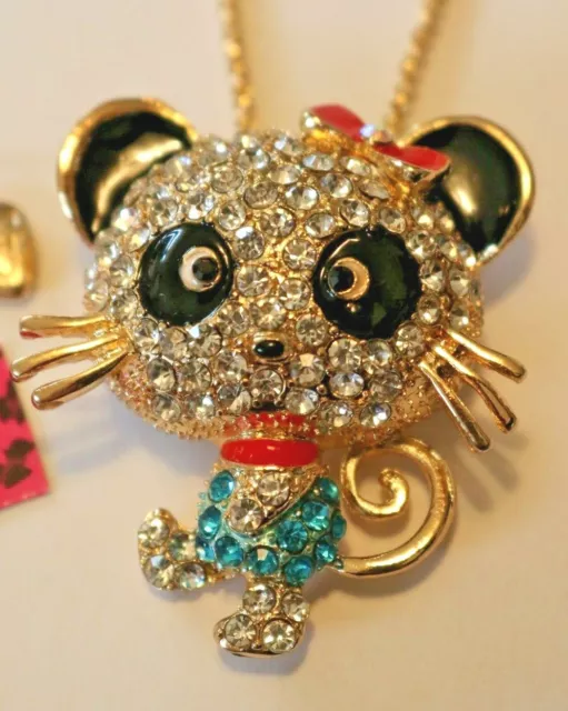 Betsey Johnson Enamel Crystal Rhinestone Cute Cat Necklace Pendant Brooch Pin