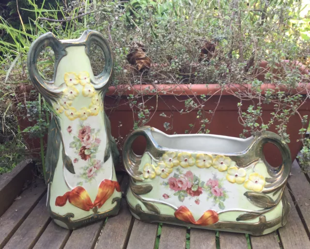 Antique Art Nouveau French Majolica Pair Cache Pot Jardiniere Vase 2 Rose Flower