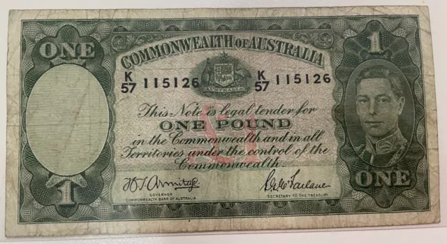 1 One Pound Australian Banknote Armitage Mcfarlane K57 KGVI King George VI