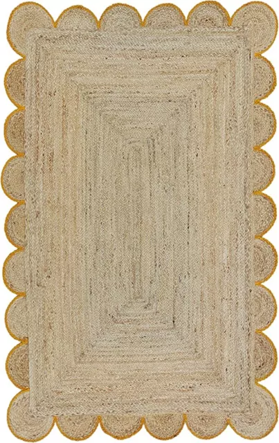 Scallop Design Jute Rug Rectangle  Handmade Area Jute Carpet- Beige + Yellow