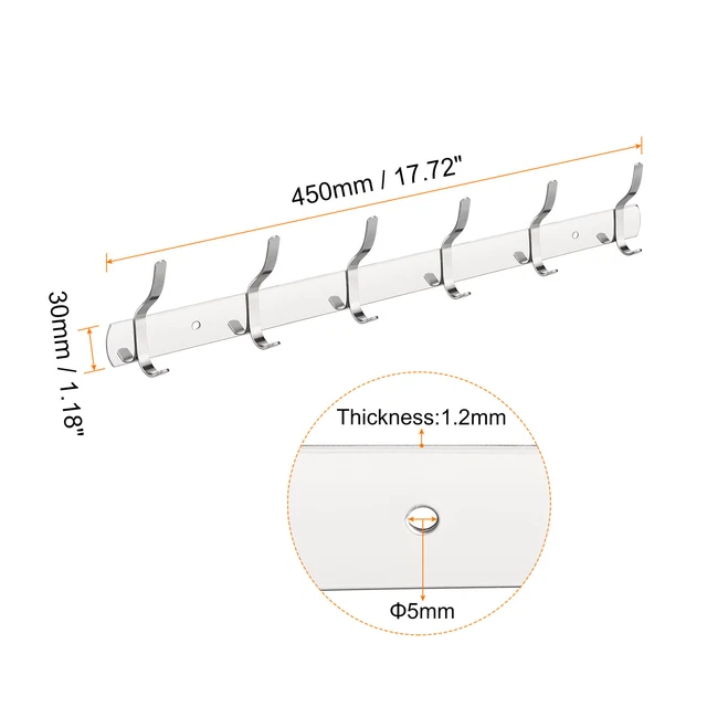 Coat Hook Rack Wall Mounted with 6 Hooks Hook Rail Wall Hangers Silver 2