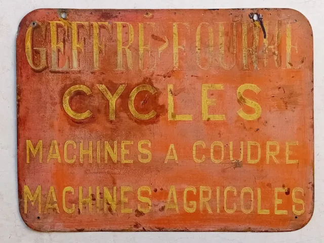 ENSEIGNE publicitaire CYCLES machine à coudre MACHINES AGRICOLES - GEFFRÉ-FOURRÉ