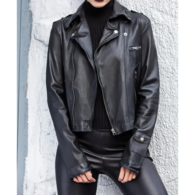 Jakett New York Black Leather Cropped Moto Jacket XS