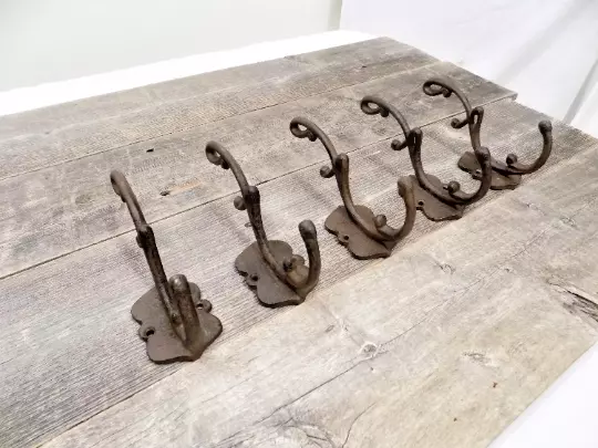 5 Large Cast Iron Bath Hooks Coat Towel Ornate Vintage Rustic Hall Tree Entry