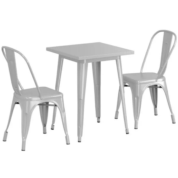 23.5'' Square Silver Metal Restaurant Table Set with 2 Chairs For Outdoor Use