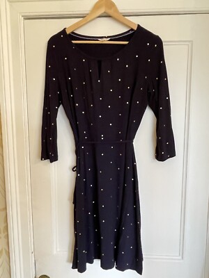 White Stuff Ladies Navy Blue With Gold Spot Detail Stretchy Dress Sz 14 Pristine
