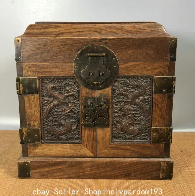 10" Old Chinese Huanghuali Wood Dynasty Dragon Storage Box Drawer Cupboard