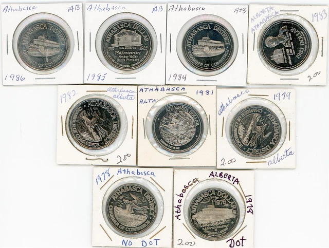 1978-1986 Athabasca Alberta Ni/NBS Canadian Municipal Tokens 9 pc Lot