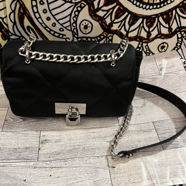 Steve Madden Rockstar Crossbody Shoulder Bag Purse Black with Silver Chain Strap