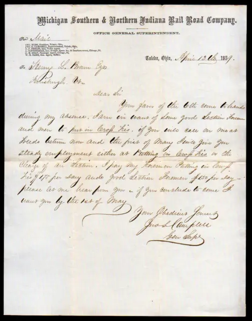 1859 Toledo Ohio - Michigan Southern & Northern Indiana Rail Road Co Letter Head