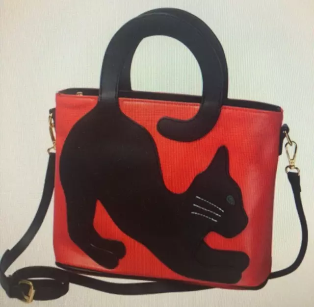 Designer Handtasche rot/schwarz,Katze,5 Fächer, Kunstleder,Handy ,Geldbeutel