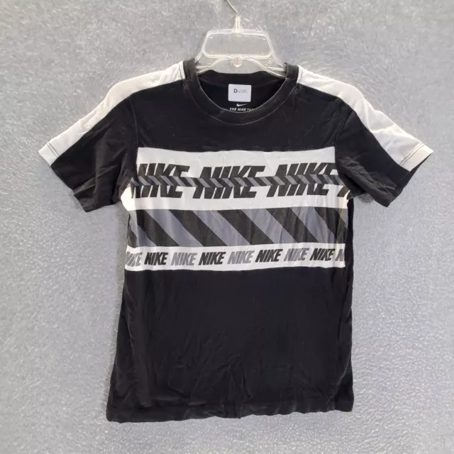 Nike Boys T-Shirt Large Black White Striped Spellout Logo Graphic Short Sleeve